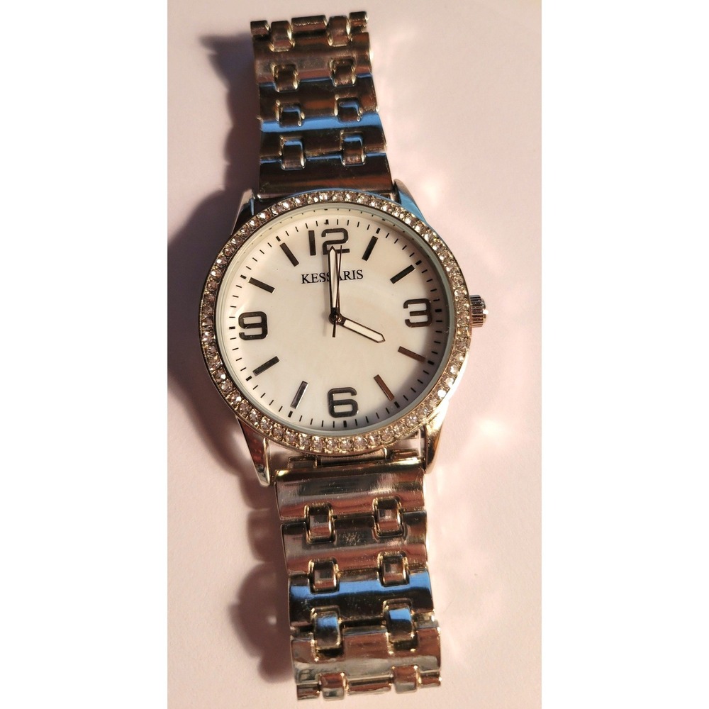 KESSARIS silver Tone Rhinestone Bezel Quartz Watch Cream Dial